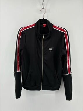 Guess Black Track Jacket with Red & White Stripe Accents